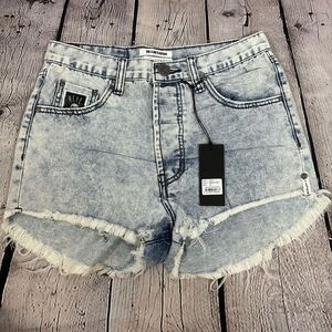 One Teaspoon Outlaws Denim Shorts Mid Length Low Waist Button Fly Rocky Acid 25